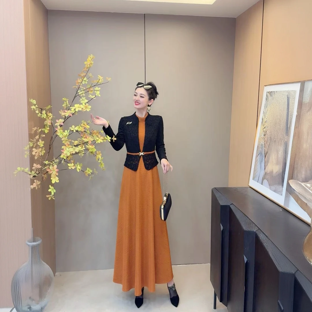 《丹尚爱》黄色高级感轻奢气质纯色假两件连衣裙复古显瘦长裙