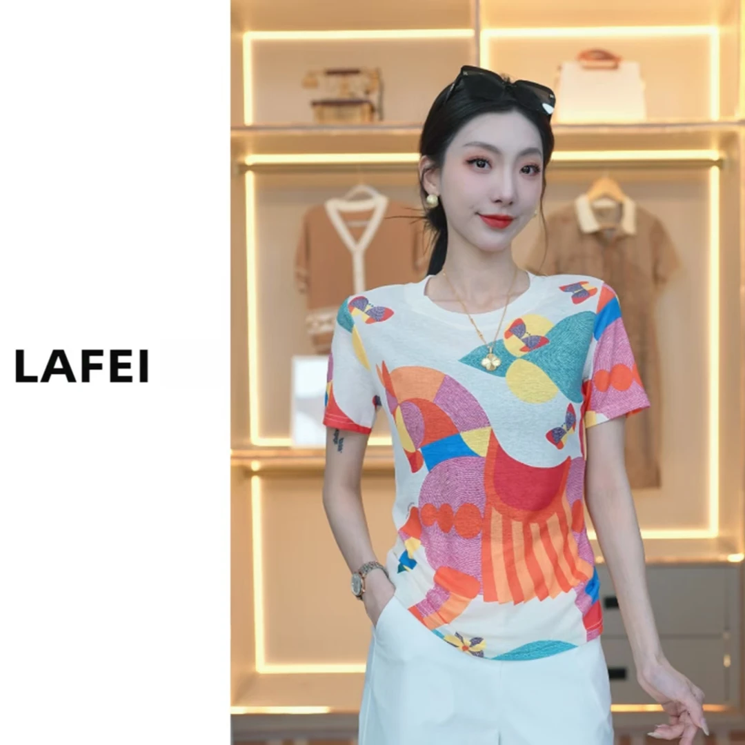 气质修身彩虹马提花网纱短袖