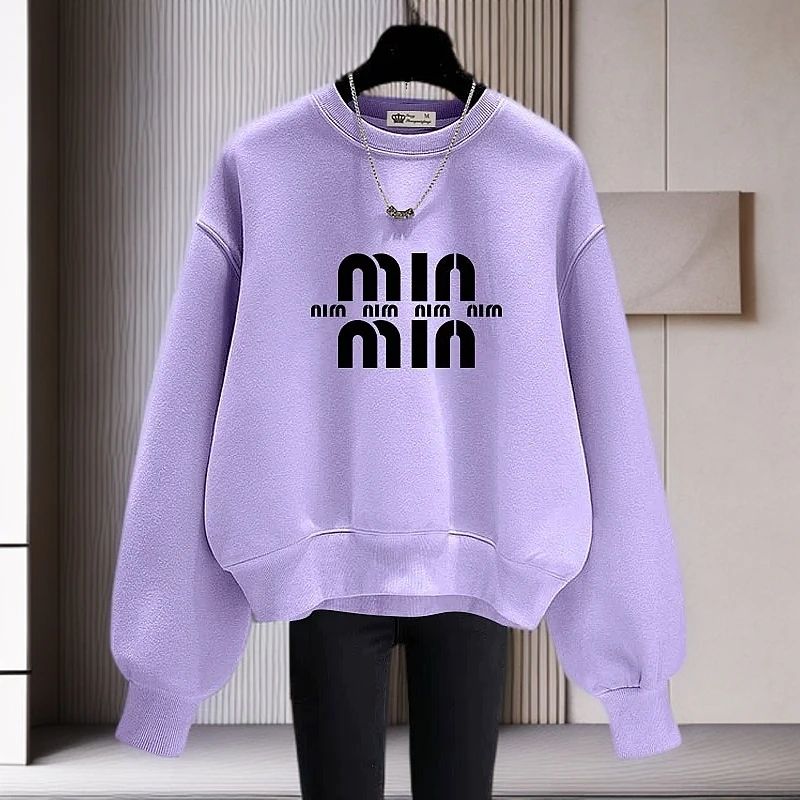 小个子字母设计感紫色圆领卫衣女加绒2025新款春秋冬薄款宽松上衣
