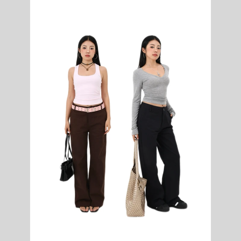 MIMIETTE中腰小个子美式复古直筒工装裤春夏2025新款显高休闲裤子