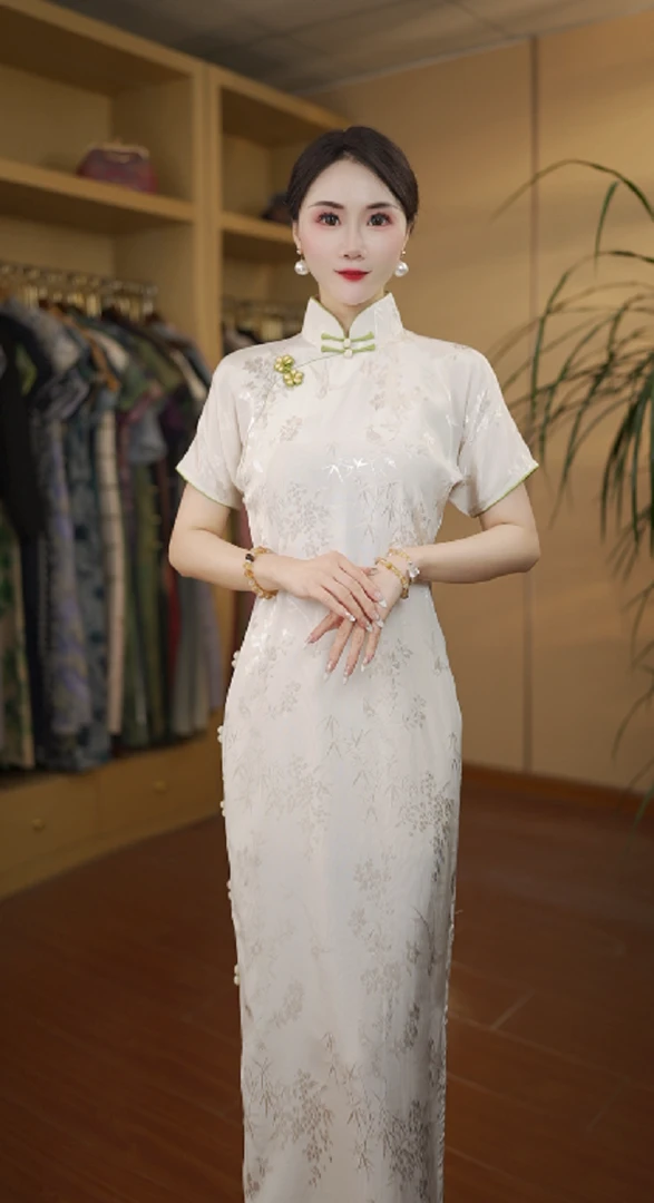 白月光 古法全开襟气质文艺国风复古优雅长款旗袍