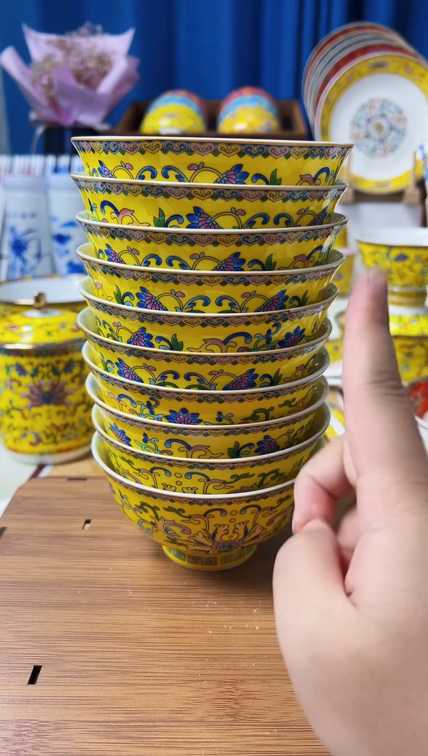 帝王黄珐琅彩高脚防烫陶瓷米饭碗10个