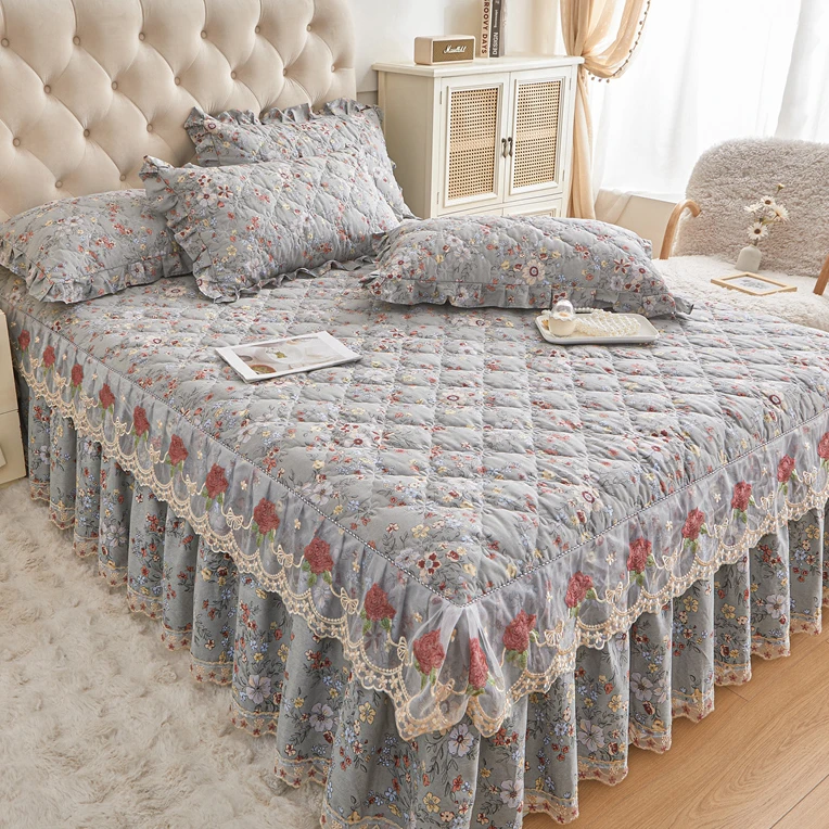 2025新款蕾丝全棉夹棉床裙单件纯棉花边床单遮丑裙边防滑四件套