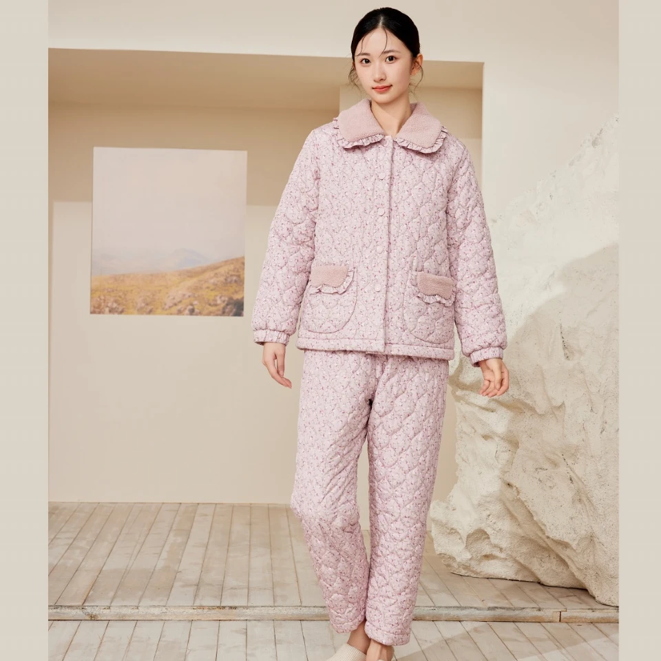 flossy弗劳思冬季三层加厚女士加绒中长款保暖家居服套装CD209