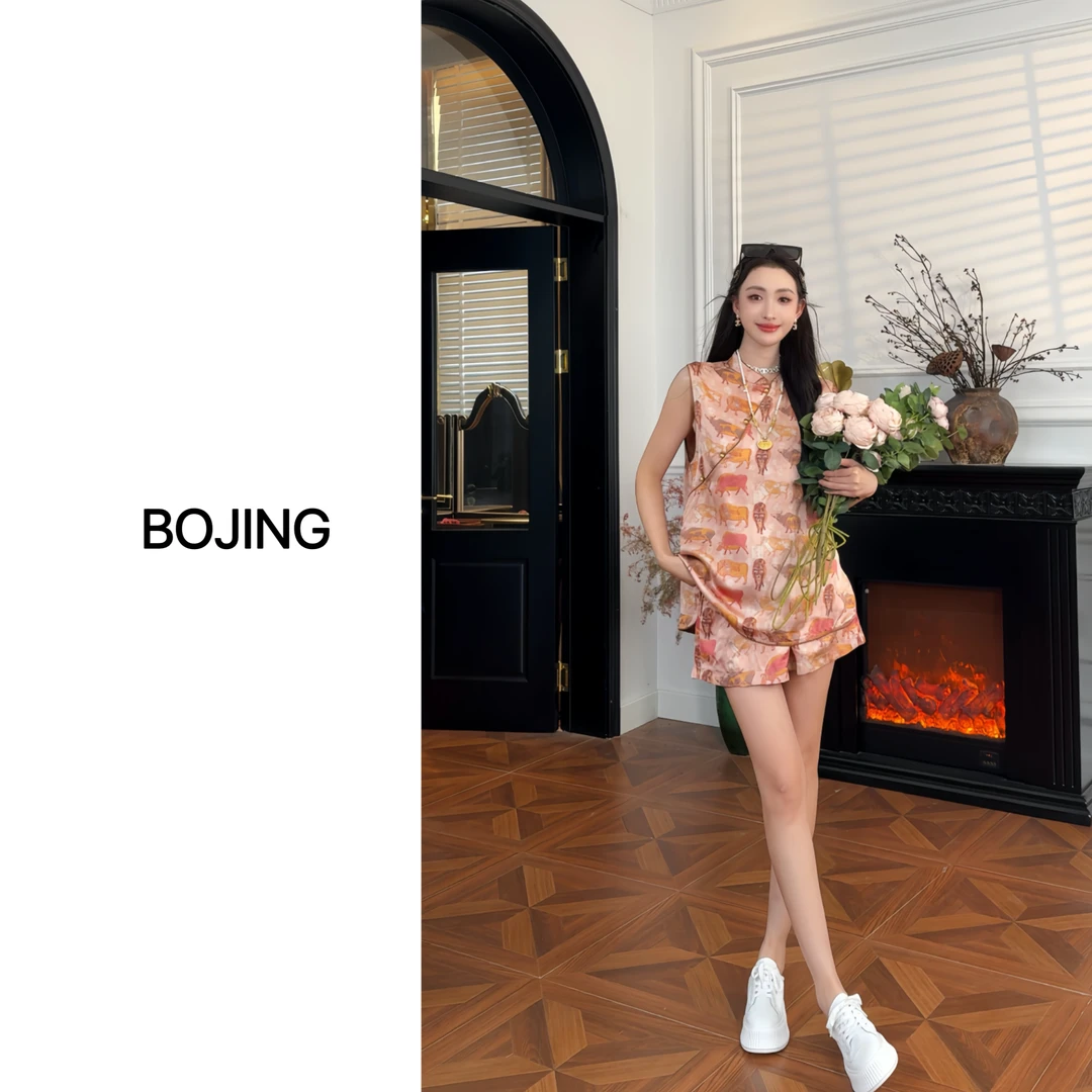 【粉牛】新中式显瘦复古时尚休闲夏季国风无袖薄款套装