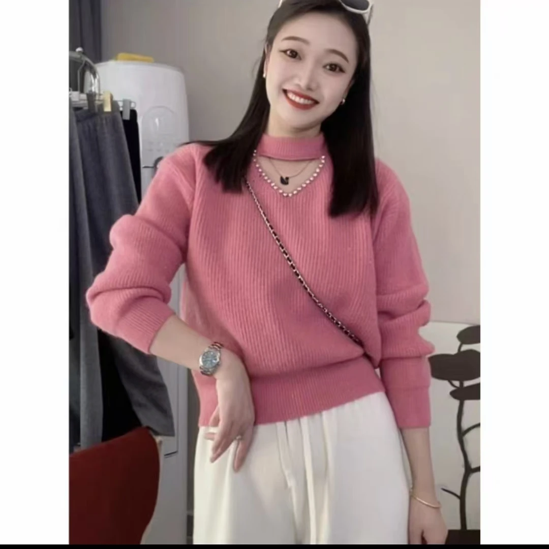半高领钉珠镂空针织衫毛衣女2025春秋季新款时尚百搭宽松显瘦上衣