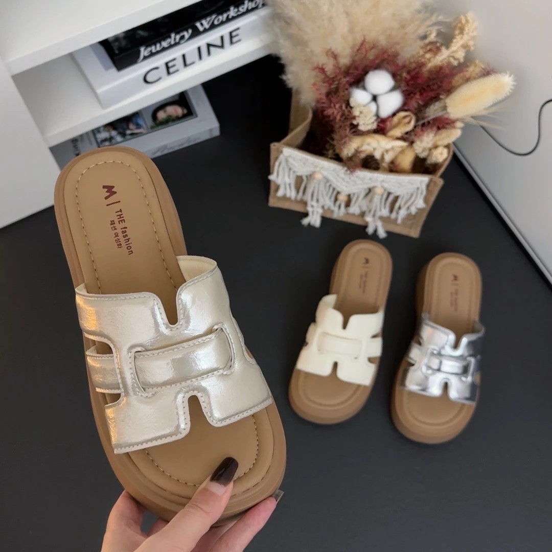 2025夏新款镂空编织透气一字拖时尚厚底外穿女拖鞋沙滩鞋