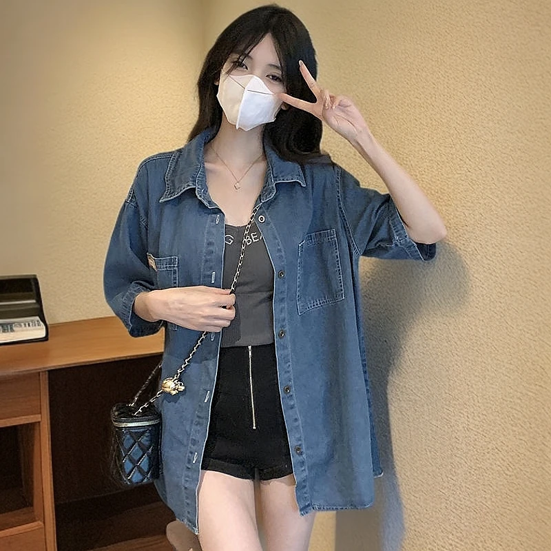 港风设计感小众牛仔短袖衬衫女夏季2024新款薄款别致上衣防晒外套