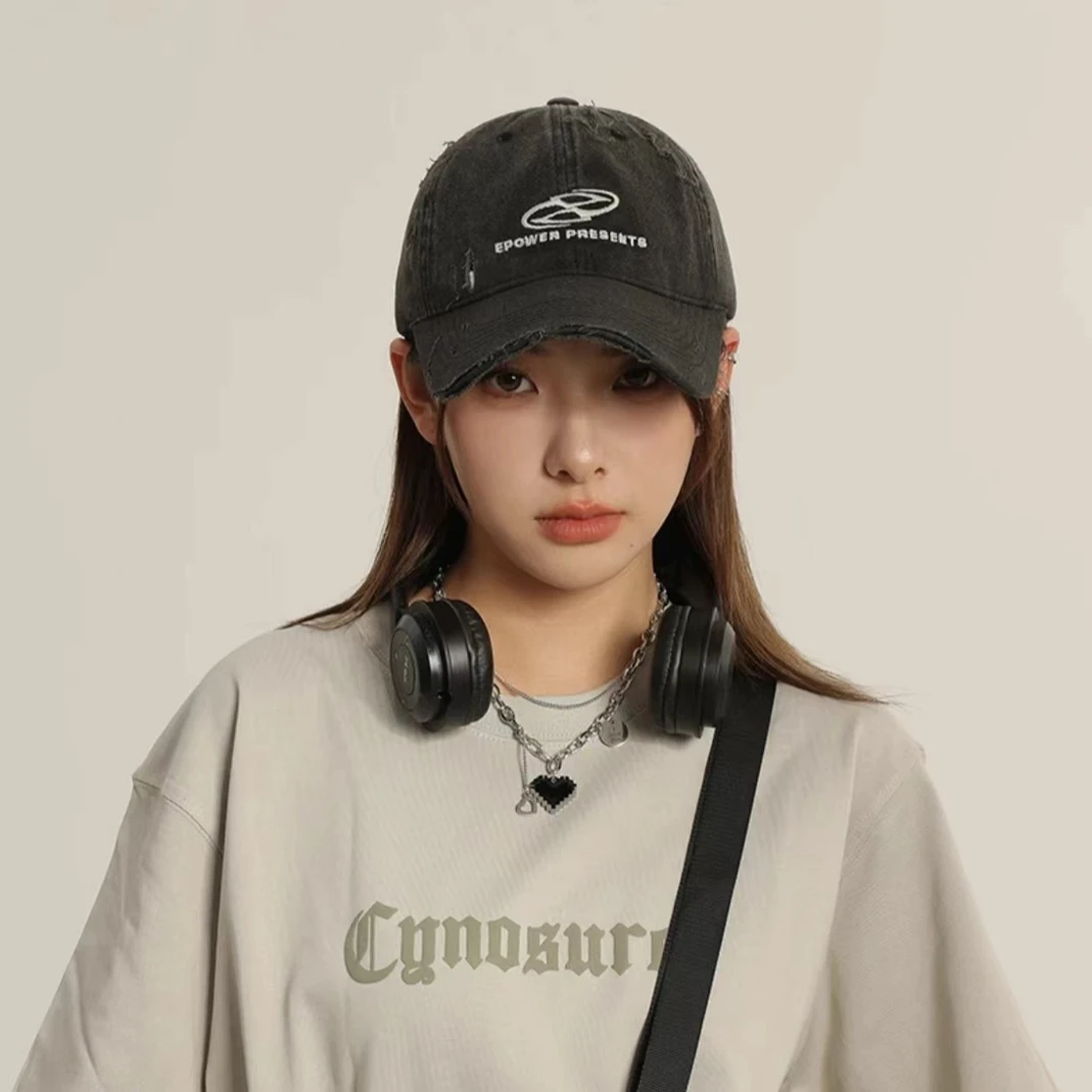 颧骨不见了~加宽帽檐刺绣棒球帽女春夏新款男遮阳复古水洗鸭舌帽