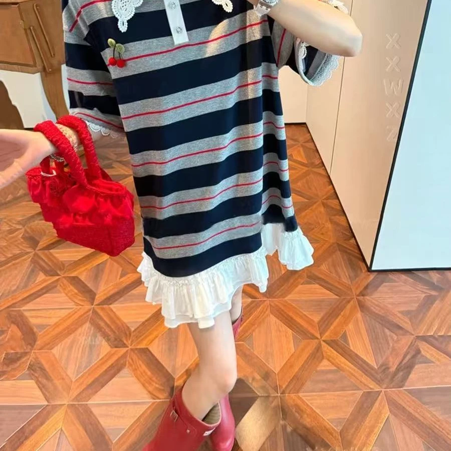 FRVXO韩国东大门夏季新款时尚立体毛毡樱桃半开翻领T恤连衣裙