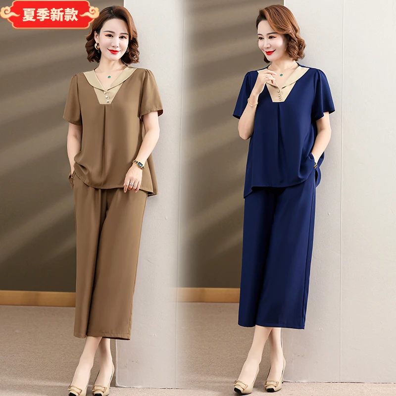 妈妈夏装短袖上衣洋气套装2025新款40-50中老年女减龄雪纺两件套