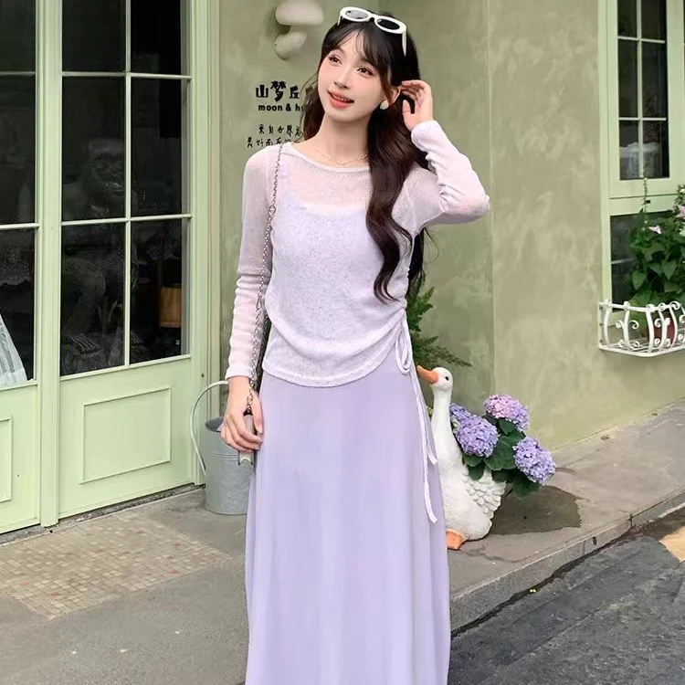 （唯依80-200斤）防晒长袖罩衫吊带连衣裙两件套2025小个子套装1789