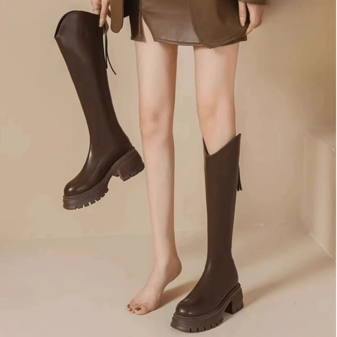 时尚小个子马丁靴厚底长靴2025秋冬新款不过膝高筒骑士靴长筒靴