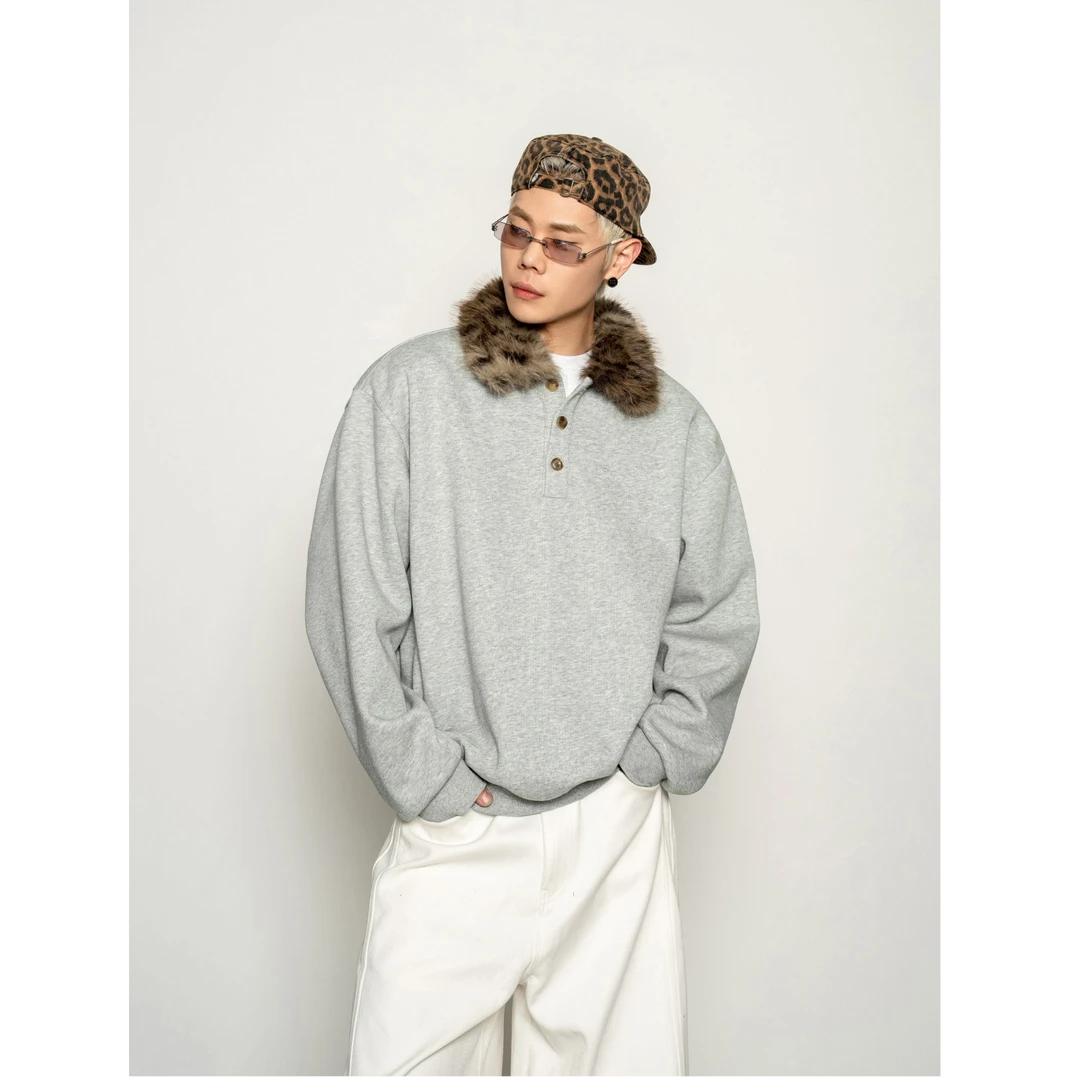 DBWDoublewin豹纹毛领摇粒绒花灰色卫衣秋冬重磅百搭挺阔上衣1456