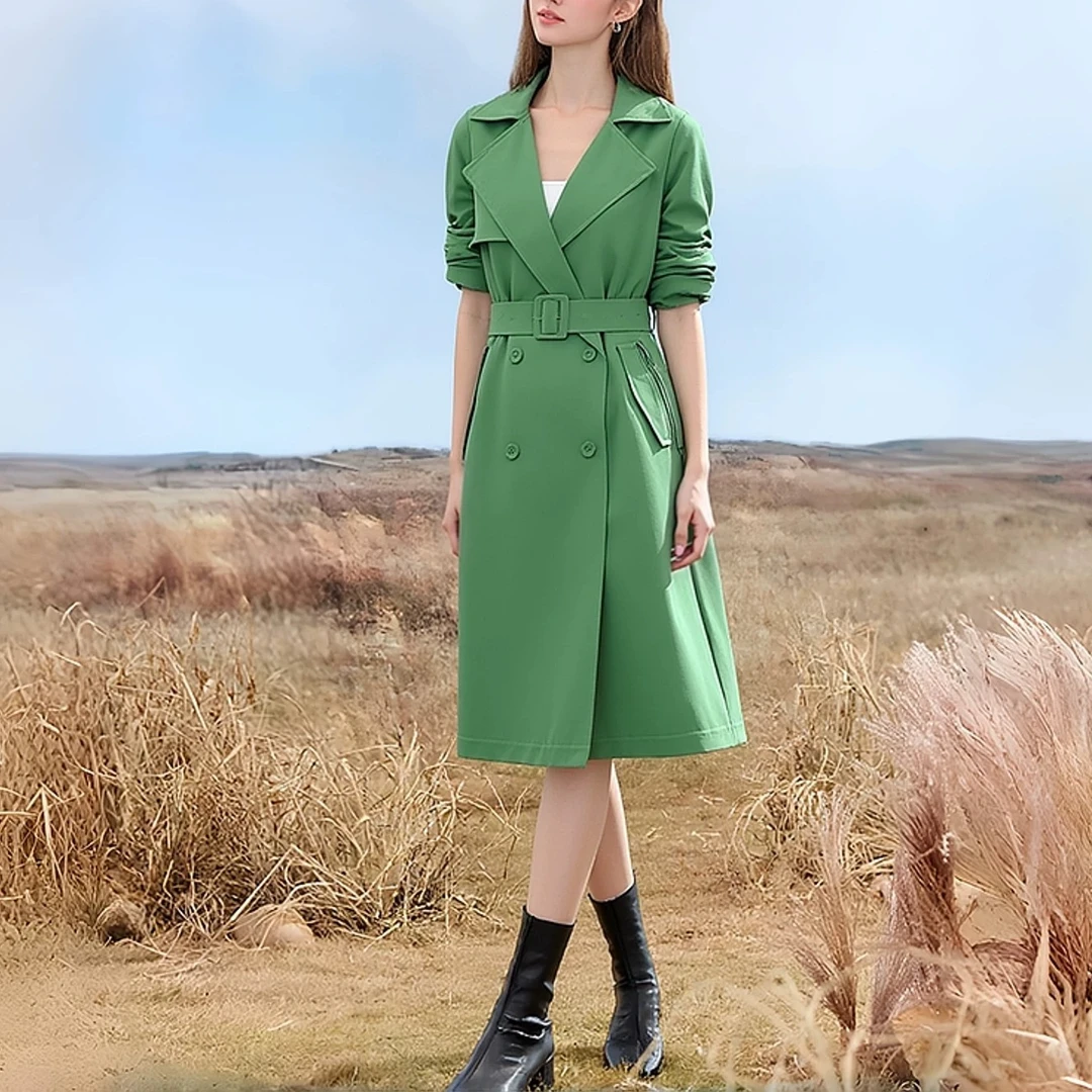 F4157-【摩】方领双排扣收腰中长款风衣#XMF57W028