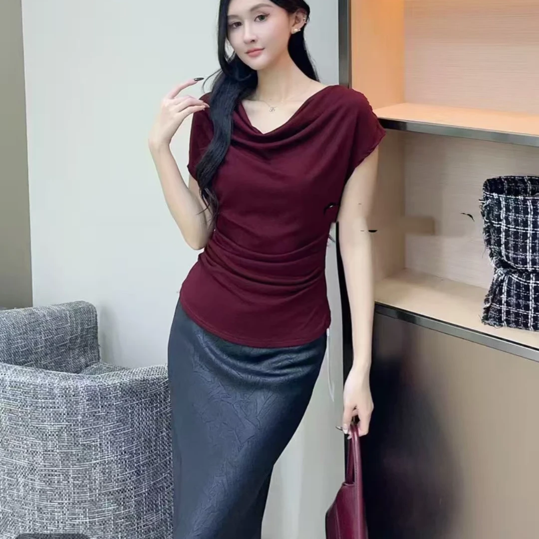 【晨浠定制】新款高级感减龄短袖显瘦不规则下摆一字领上衣1005