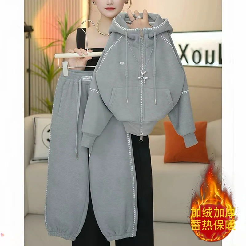 女童加绒连帽卫衣开衫卫裤套装秋冬2025新款一体绒外套运动两件套