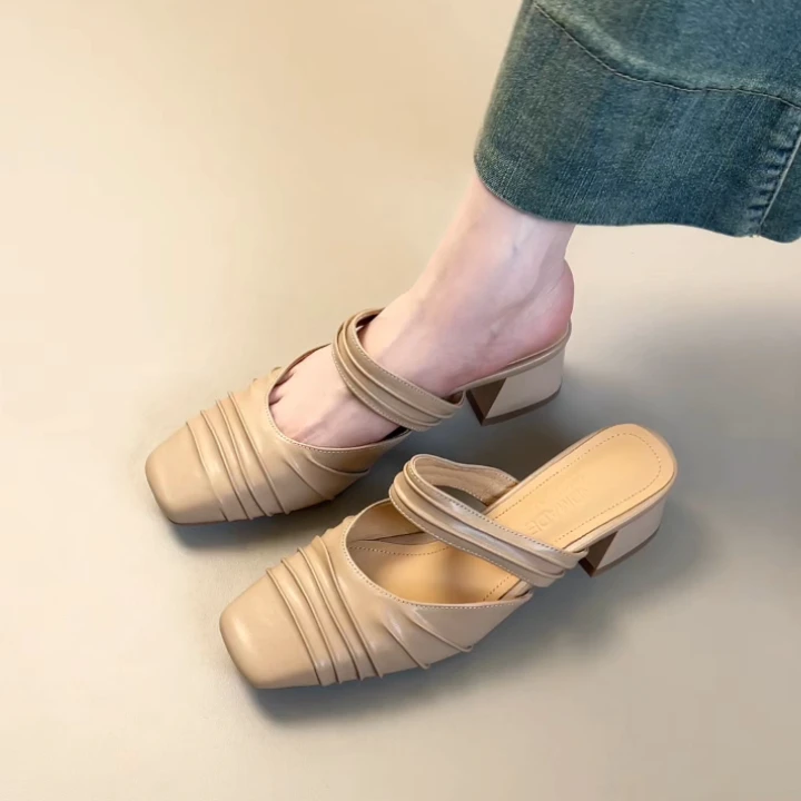 Pokoy-3.5cm法式复古方头褶皱包头半拖鞋女新款百搭粗跟穆勒鞋