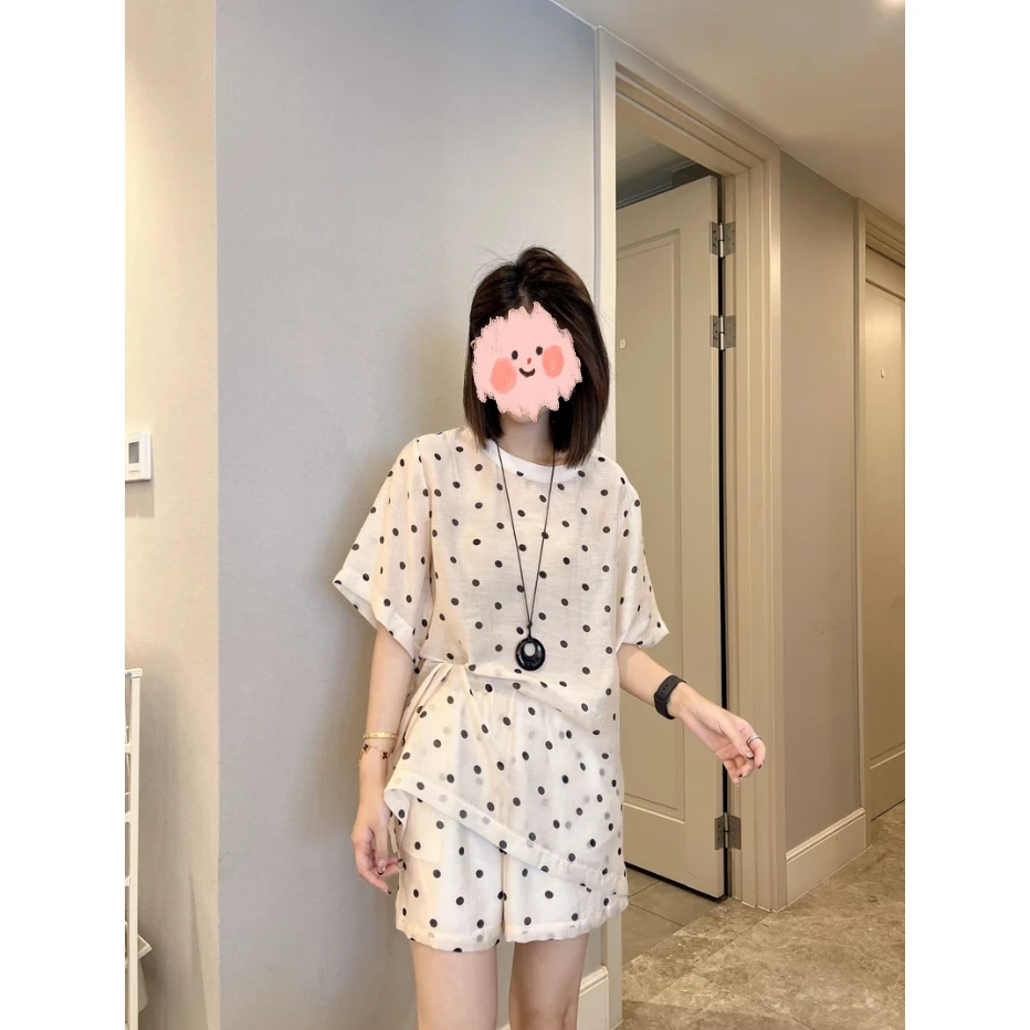 【雨后】2025新款夏季韩版防晒宽松百搭波点上衣宽松短裤两件套装女