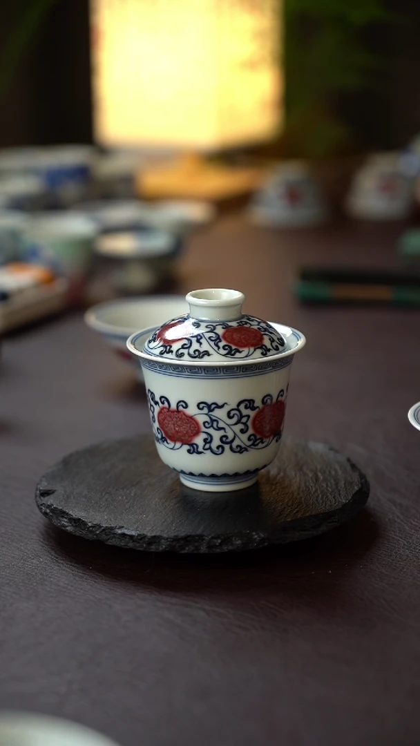 20号景德镇全手工手绘青花釉里红灵芝二才盖碗（高）