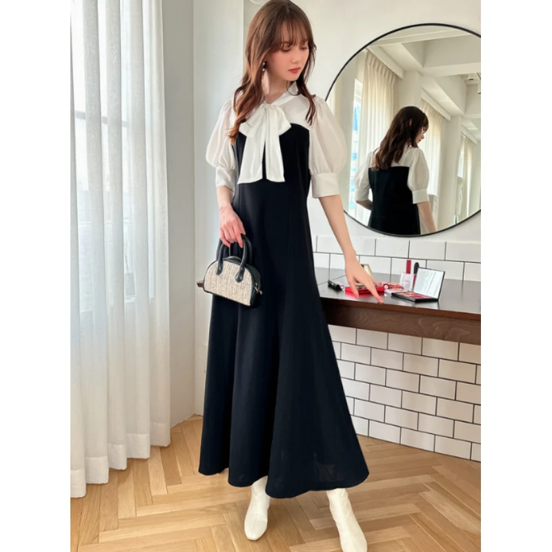 【Yumiko】夏季新款 G 百搭领结气质拼接显瘦A字连衣裙