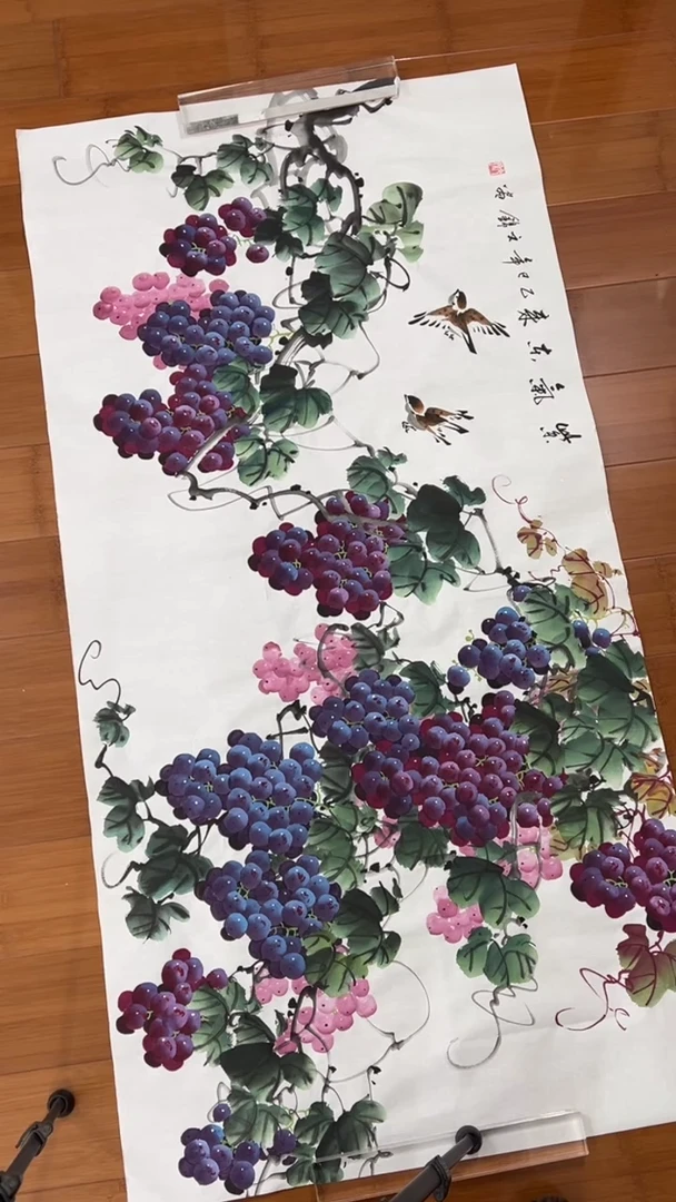 国画【福利，纯手工手绘】张文锦葡萄横幅138*68厘米