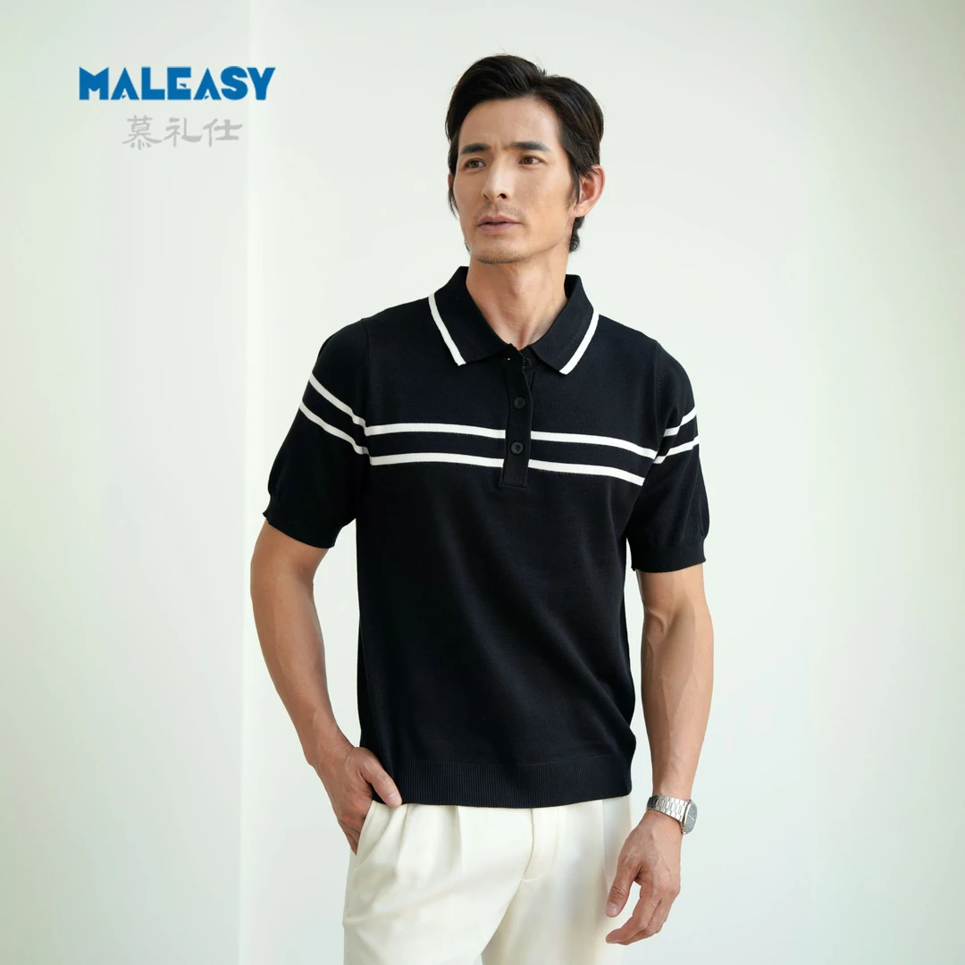 秋冬新款轻奢男士针织短袖时尚简约休闲商务百搭修身翻领POLO衫潮