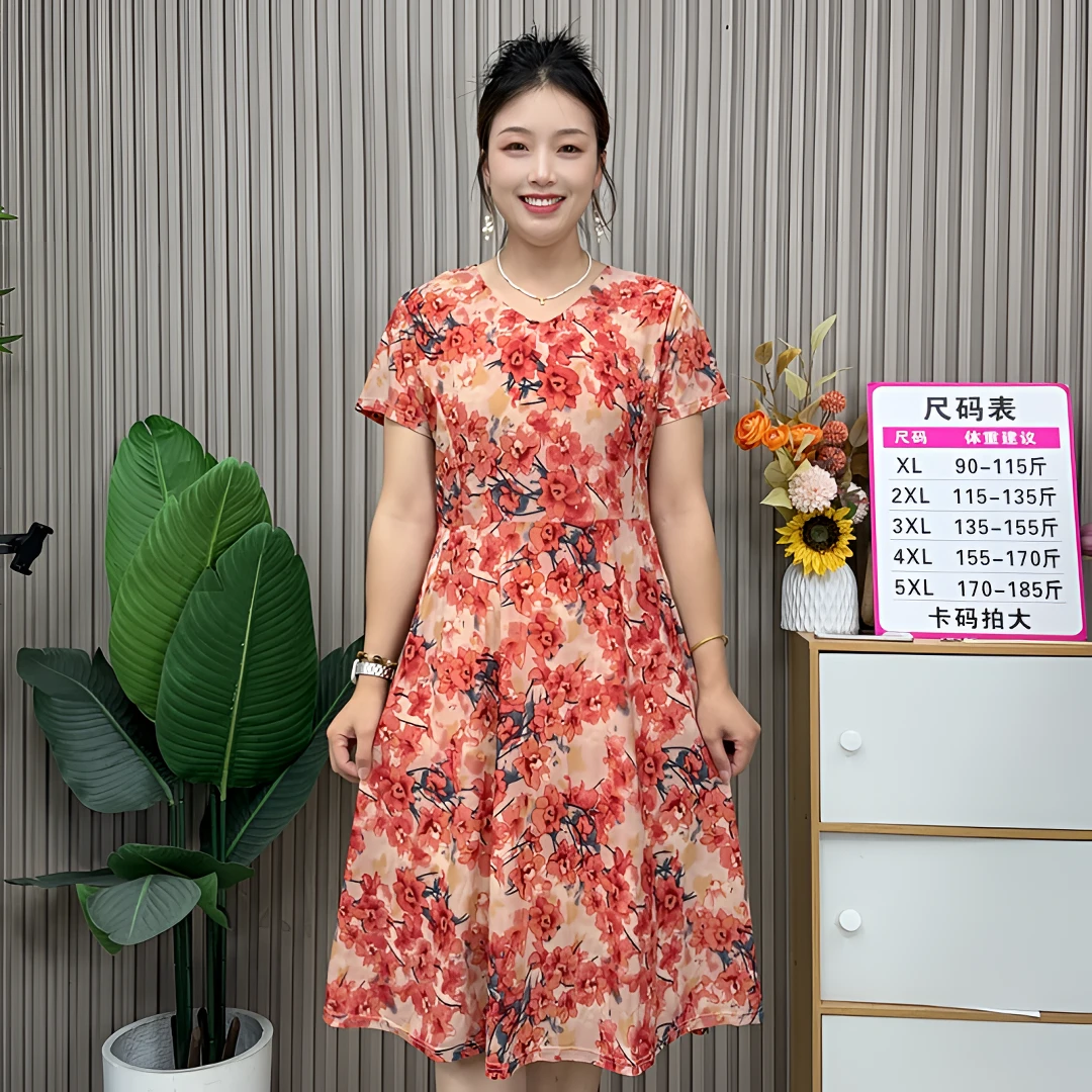 中老年女装中长款连衣裙2025夏季新款中年妈妈气质短袖洋气长裙子