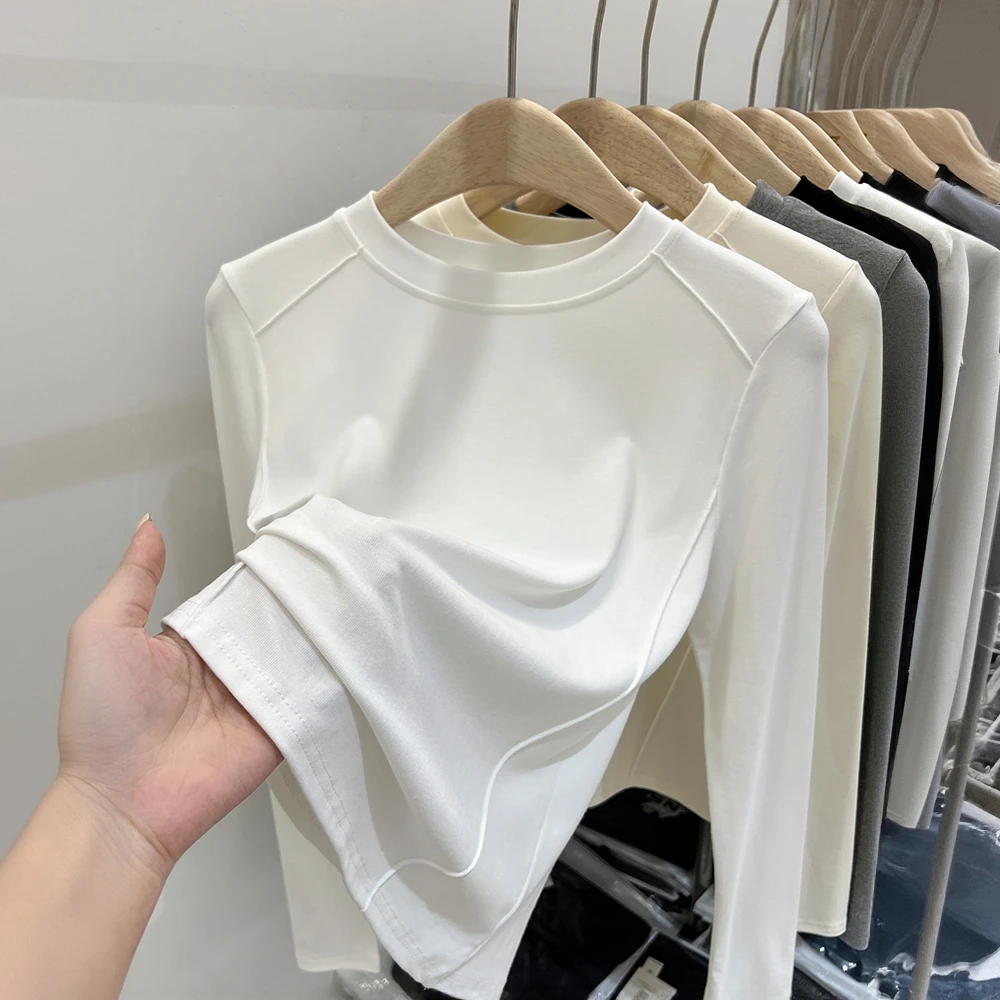 欧货白色长袖t恤女春秋冬2025新款修身保暖上衣德绒打底衫女内搭