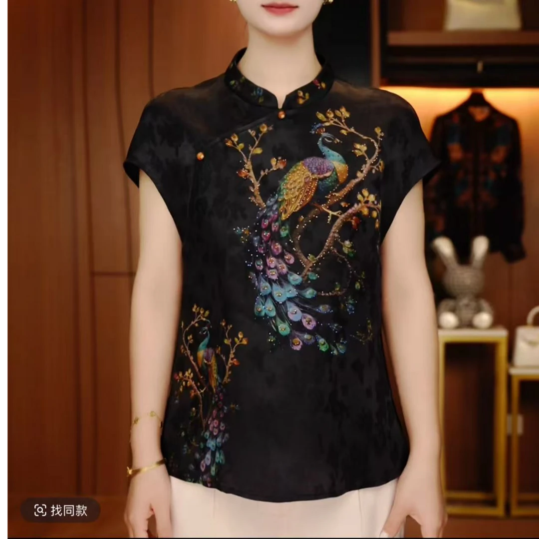 2025夏季洋气印花烫钻复古盘扣减龄妈妈装衬衣南油原创设计感上衣