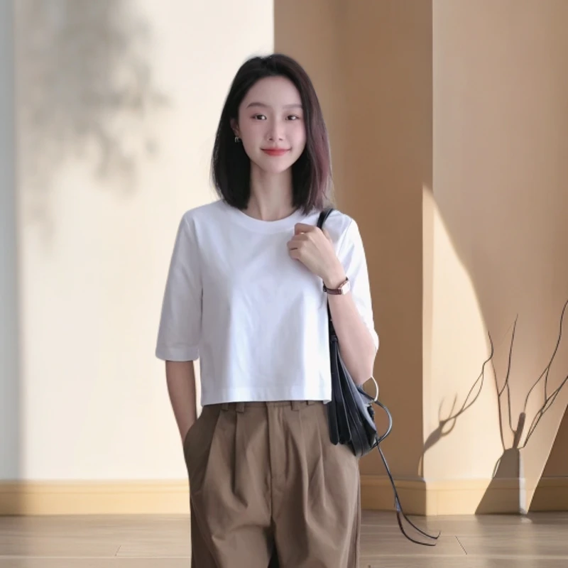短款小衫五分袖圆领正肩T恤微宽松后中线2025女春夏叠穿运动上衣