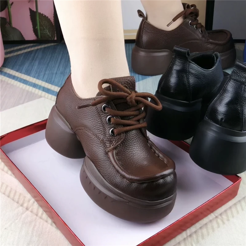 复古休闲鞋百搭轻便软底妈妈鞋真皮系带圆头深口厚底小皮鞋单鞋女