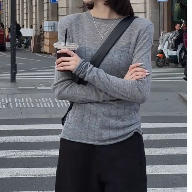 小卷边圆领坑条～ 超级显瘦的针织打底衫~252