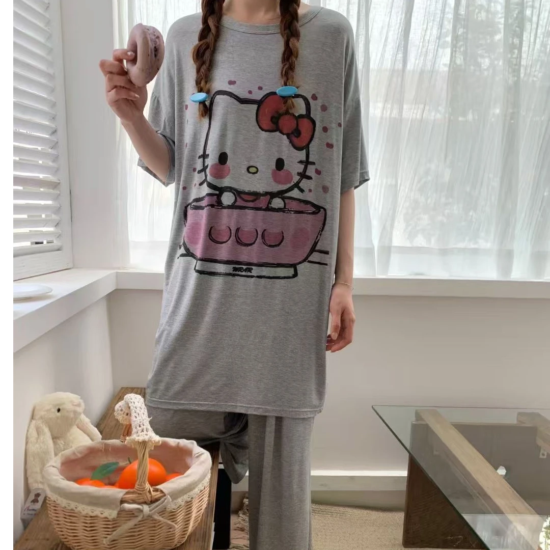 2025日系长款睡裙套装kt猫莫代尔舒适宽松多穿家居服透气柔软卡通