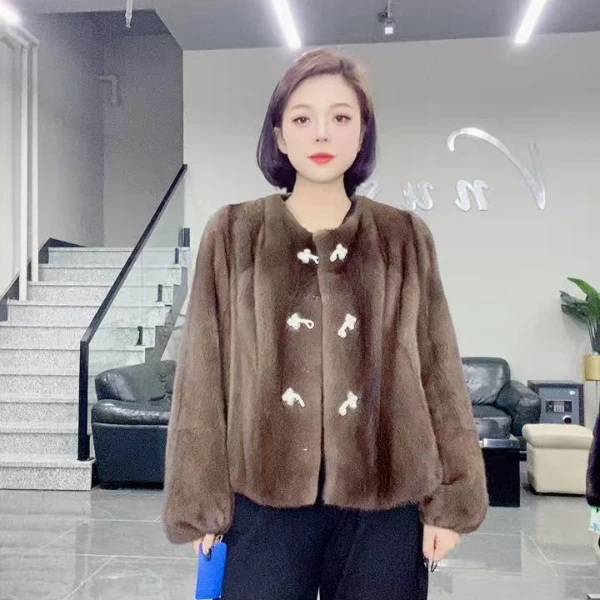 2320【DC】女装反季撤柜水貂皮草外套咖啡圆领