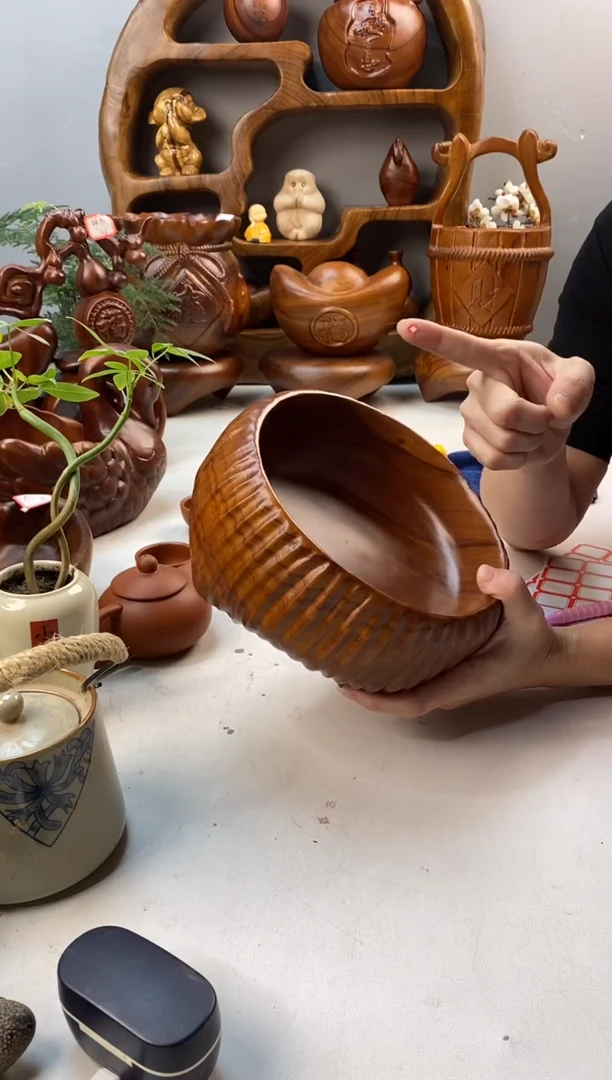 香樟木A18竖条纹圆钵/尺寸18*18*10