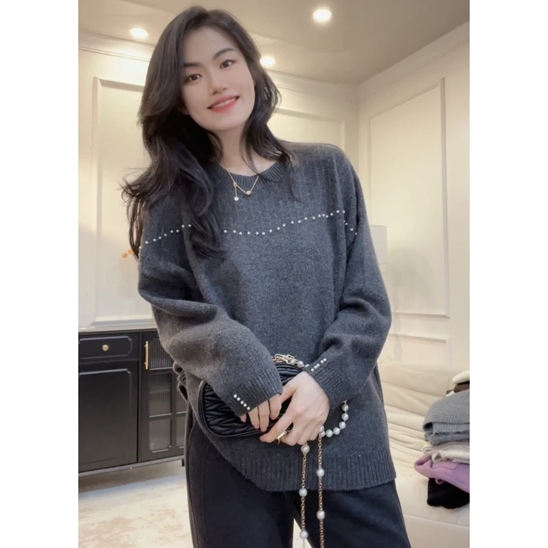 慵懒风法式珍珠针织衫长袖毛衣宽松上衣女高级感大码秋冬新款