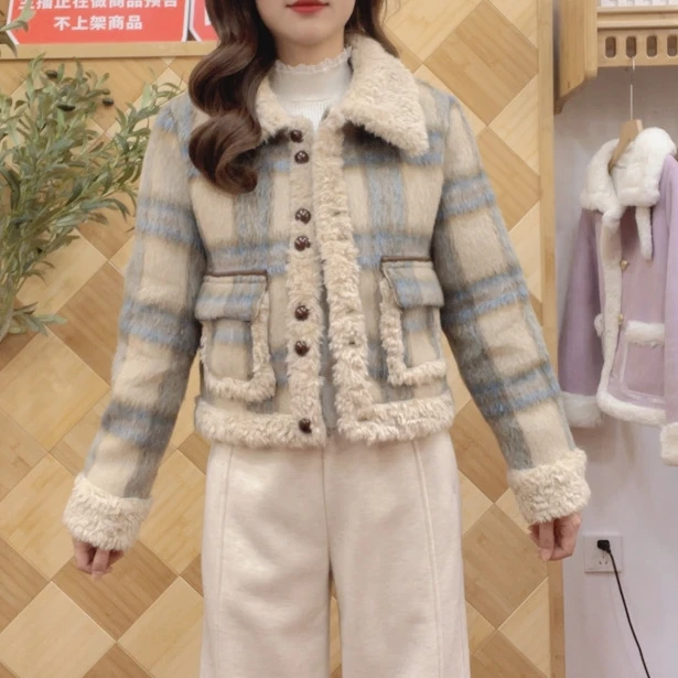 来米家 冬季复古格子加绒翻领外套