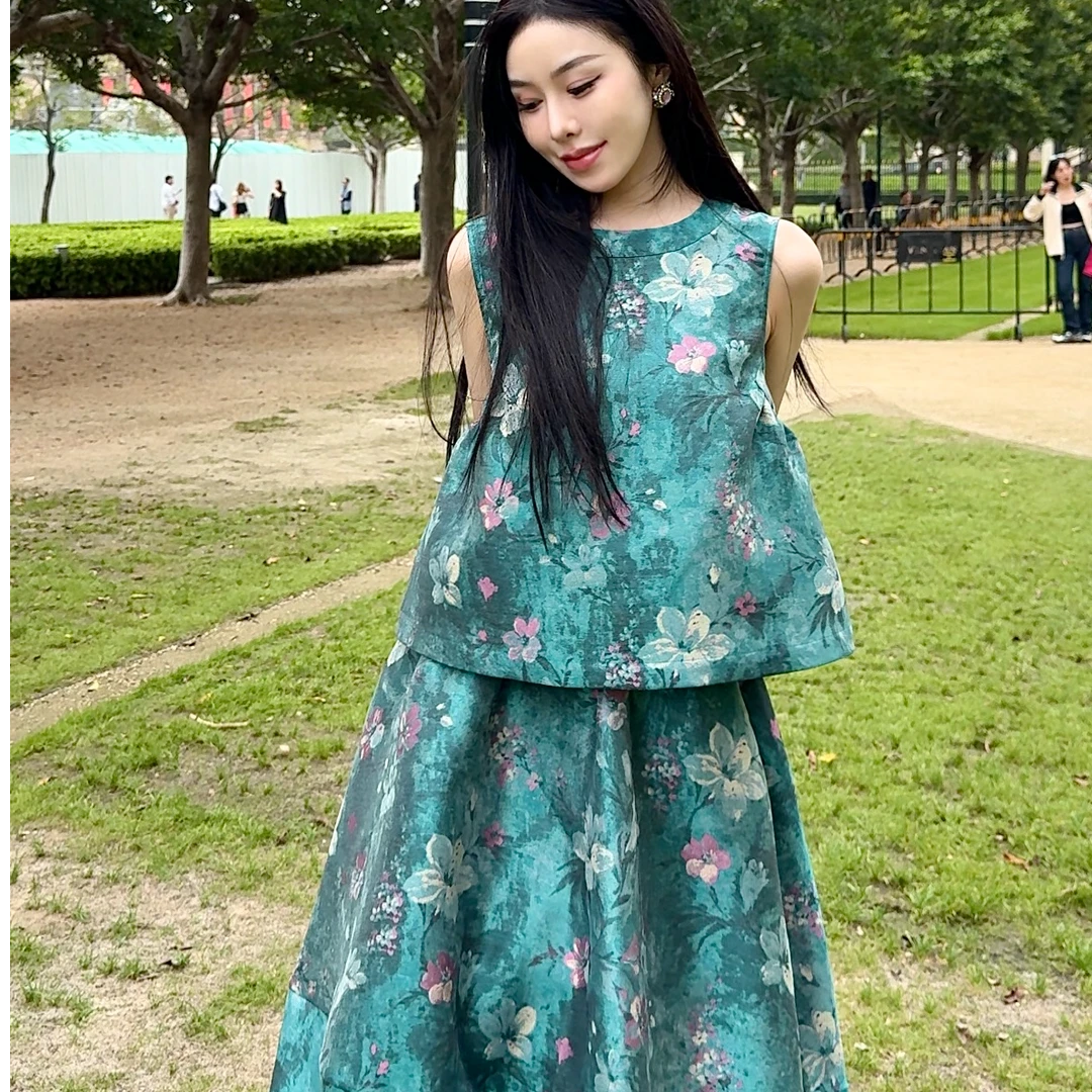 蘇格高定-【绿萝烟火】复古显瘦时尚新中式国风无袖套装上衣+裙子