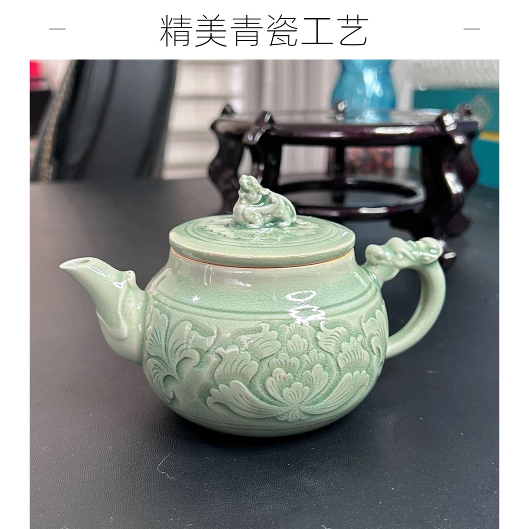 耀州瓷220ml青瓷瑞龙壶徐杰老师同款精美手工雕刻复古陶家用茶壶