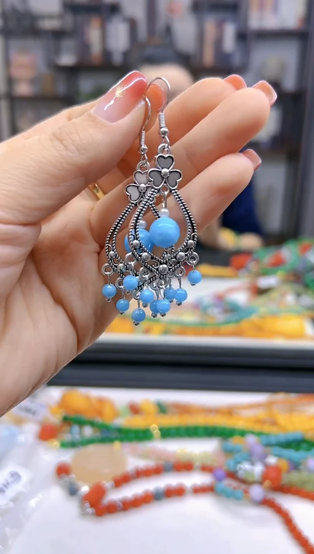 【闪购商品】针钠钙石（海纹石）耳饰银S925镶嵌E590