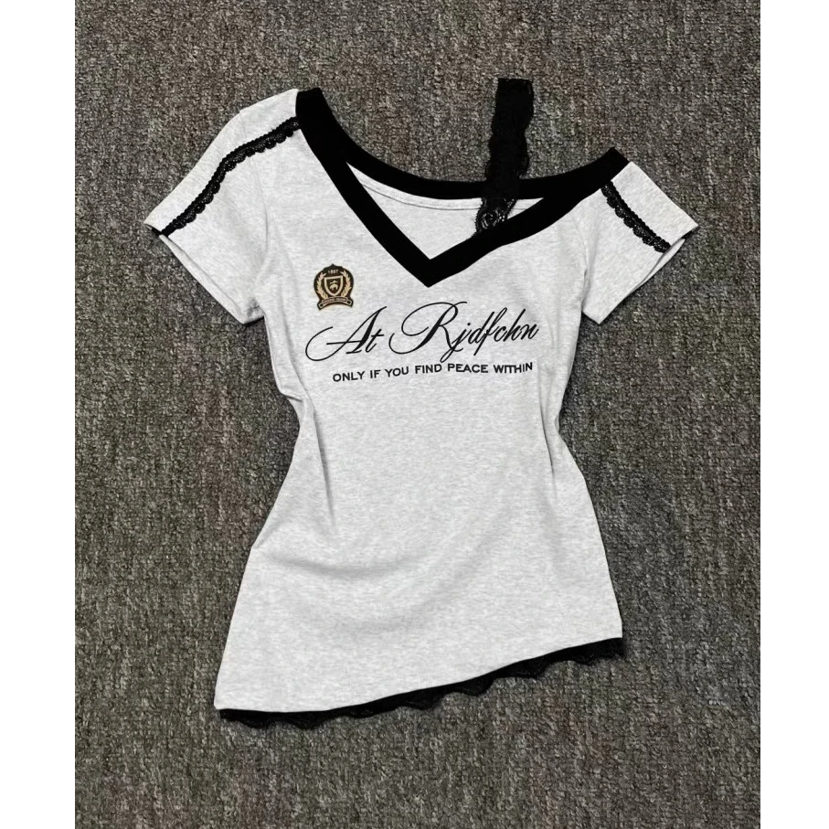 美式辣妹甜辣短袖短款修身拼接显瘦印花撞色T恤夏季新款韩版上衣