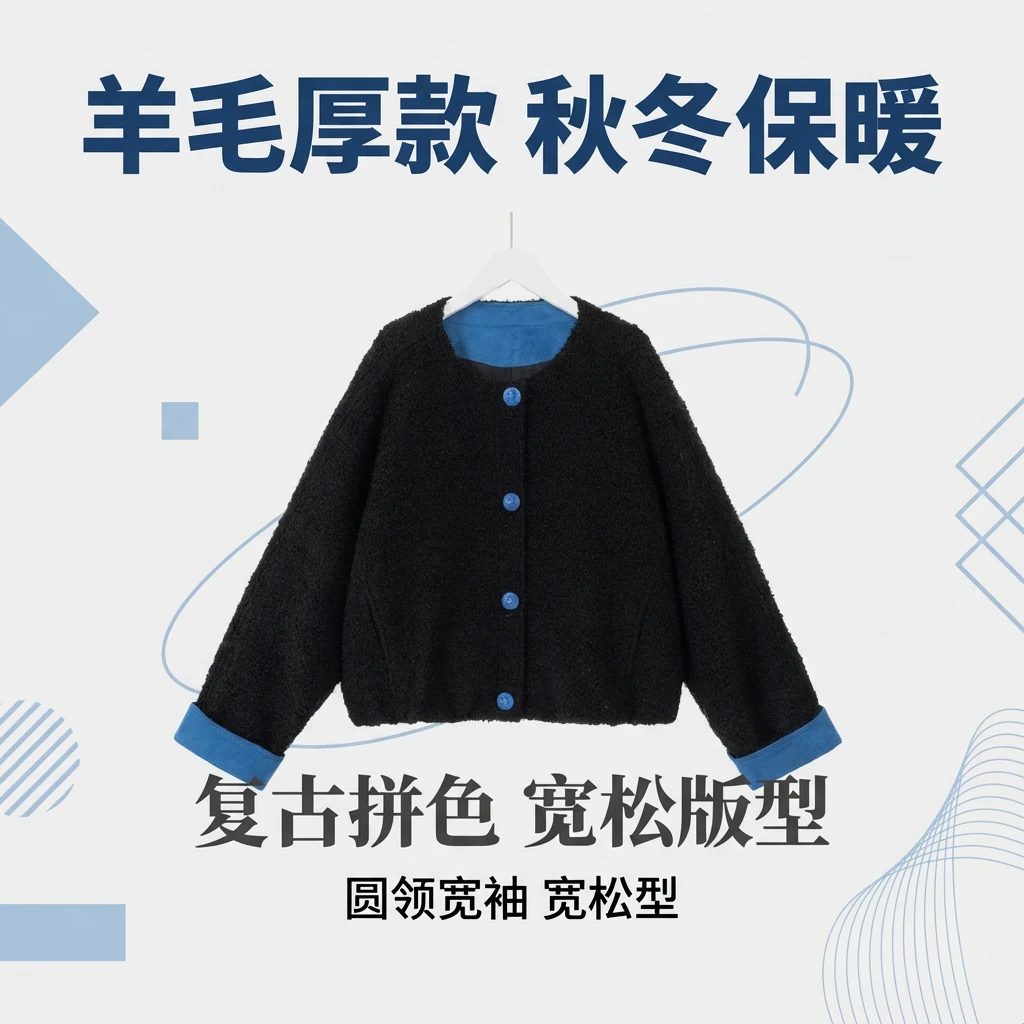 几里与麻 复古圈圈拼色羊毛呢外套 衣长56胸围144 2110741