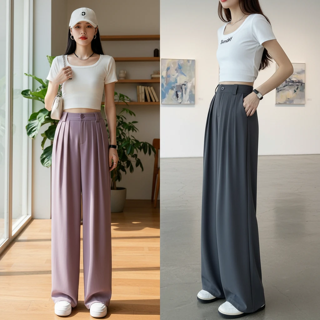 高腰女夏季薄款宽松白色垂感冰丝裤子女休闲直筒黑色阔腿裤女