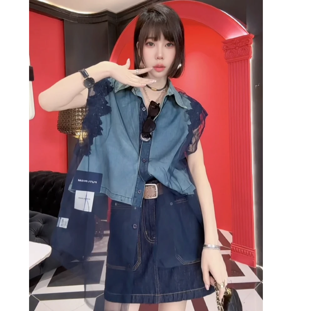 MMD欧洲站新款时髦女郎拼接薄纱外穿洋气无袖牛仔衬衫688