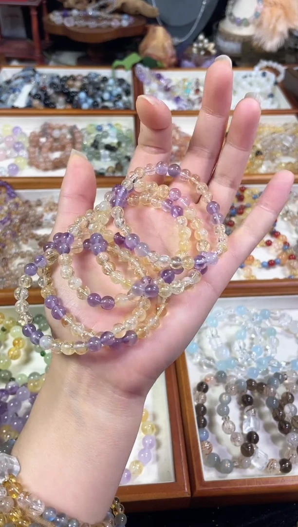 未镶嵌手串水晶天然高品透体黄塔晶紫水晶双拼手串