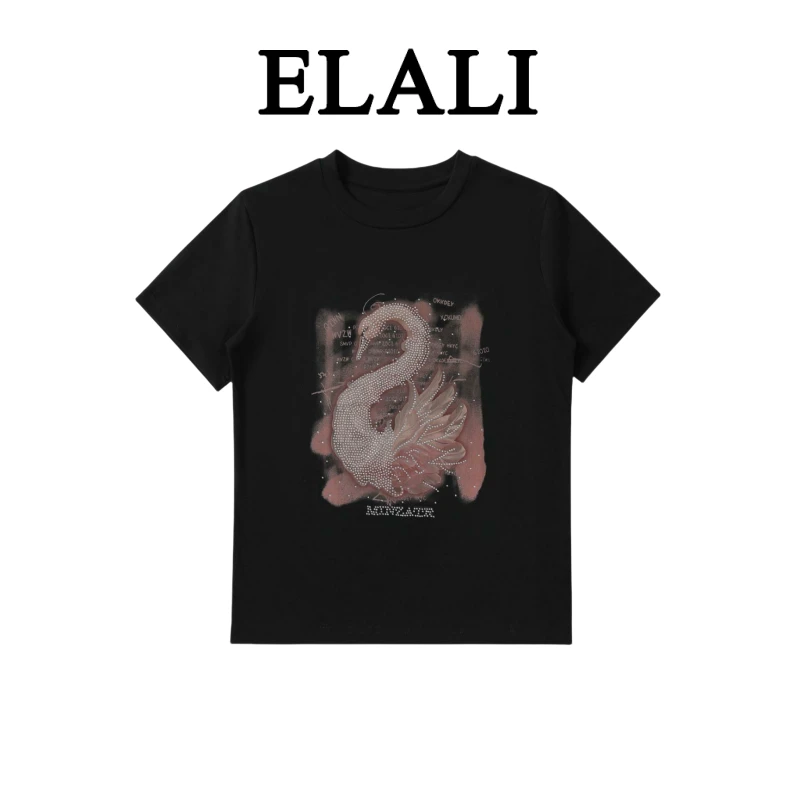 ELALI 显瘦时尚夏季半袖修身重工亮钻圆领T恤3918黑