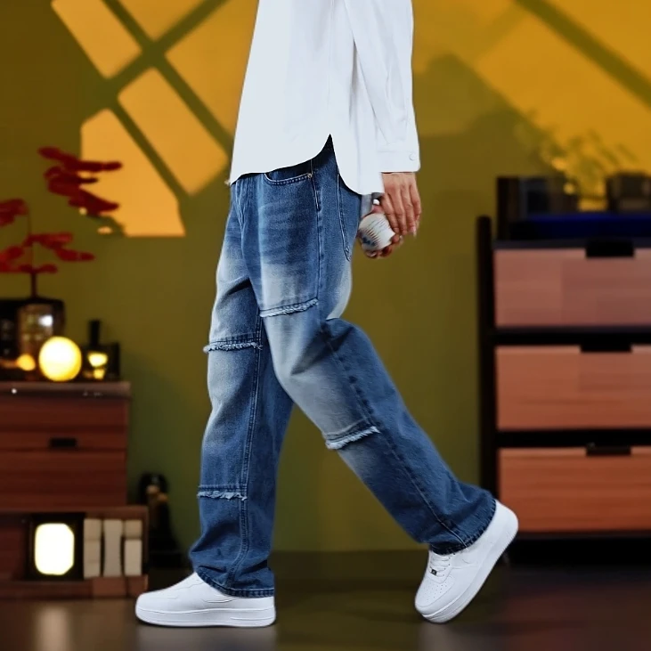 首创美式潮流毛边设计男直筒裤春秋季百搭阔腿牛仔裤宽松潮流休闲