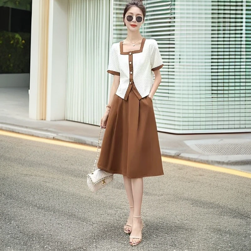 2523#咖【木兮兮专属】2025年夏季新款气质时尚提花印花百搭套装