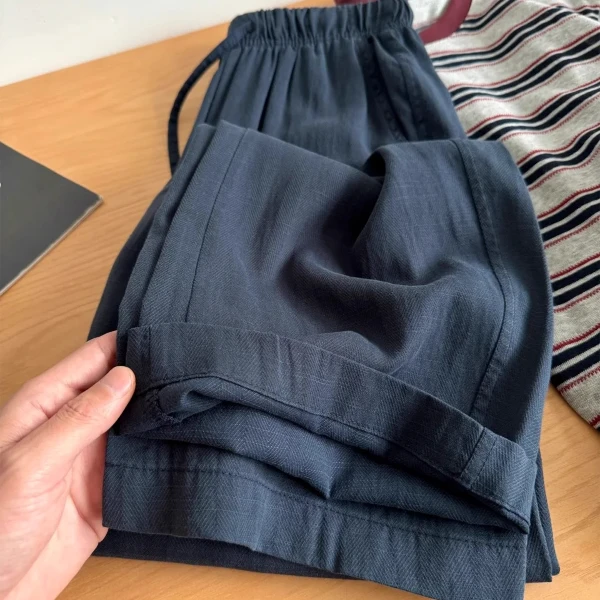 大码胖mm藏青色天丝亚麻裤女夏季薄款高腰遮胯显瘦冰丝阔腿休闲裤